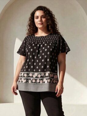 TORRID Border Print Smocked Challis Blouse Boho Sz 2X | 2